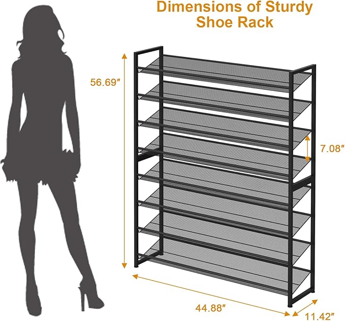 NEYCIL Large Shoe Rack 8 Tier Shoe Organizer, Heavy Duty Metal 4-Tier Stackable Shoe Storage Vertical Shoe Rack for Closet Front Door Entrance, Up to 50 Pairs, 44.8" W x 11.4" D x 56.7" H, Black
