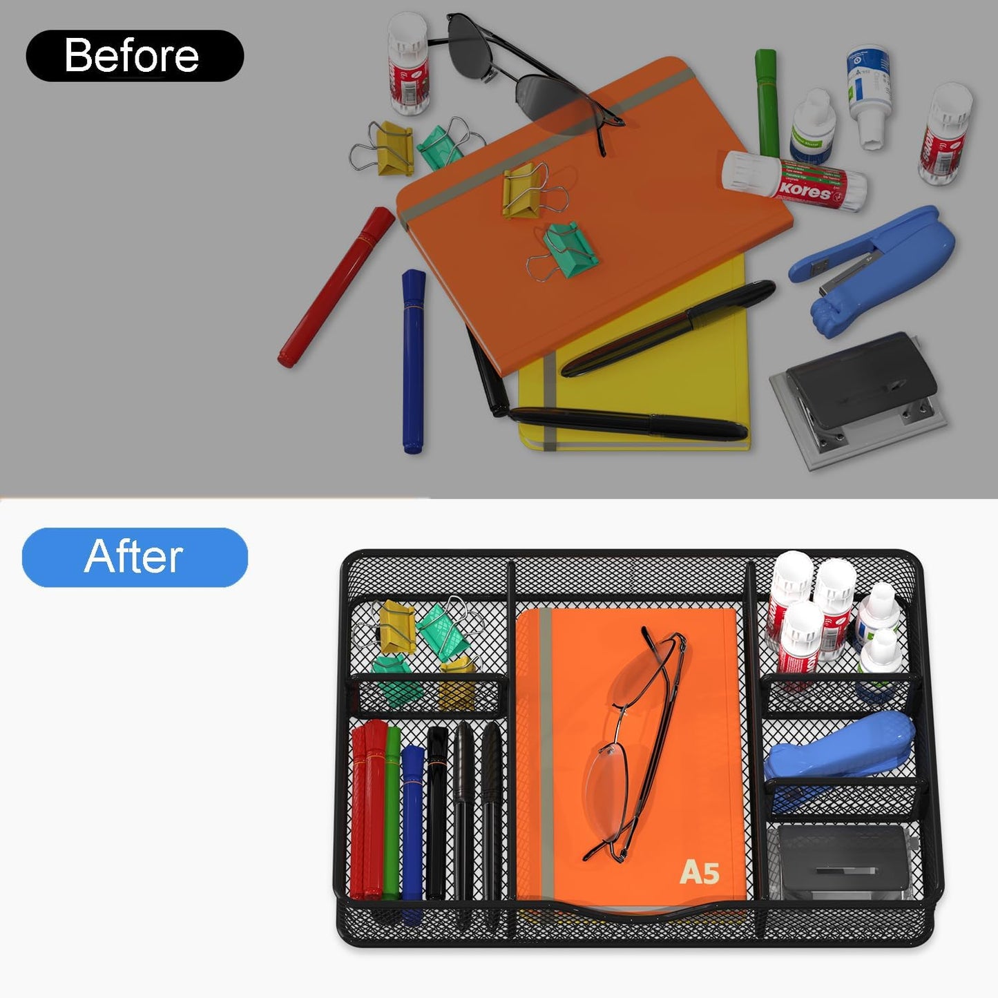 VyGrow Desk Drawer Organizer, Metal Mesh Drawer Organizer Tray with 6 Adjustable Compartment, Tray Organizer for Desktop, Kitchen, Bathroom, Makeup, Vanity - 14.5x8.8x1.96 inch, Black, 1PC Large