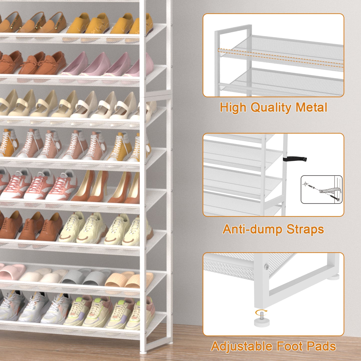 Large Shoe Rack 12 Tier Shoe Organizer, Heavy Duty Metal 6-Tier Stackable Shoe Storage Vertical Shoe Rack for Closet Front Door Entrance, Up to 75 Pairs, 44.8" W x 11.4" D x 85.1" H, White