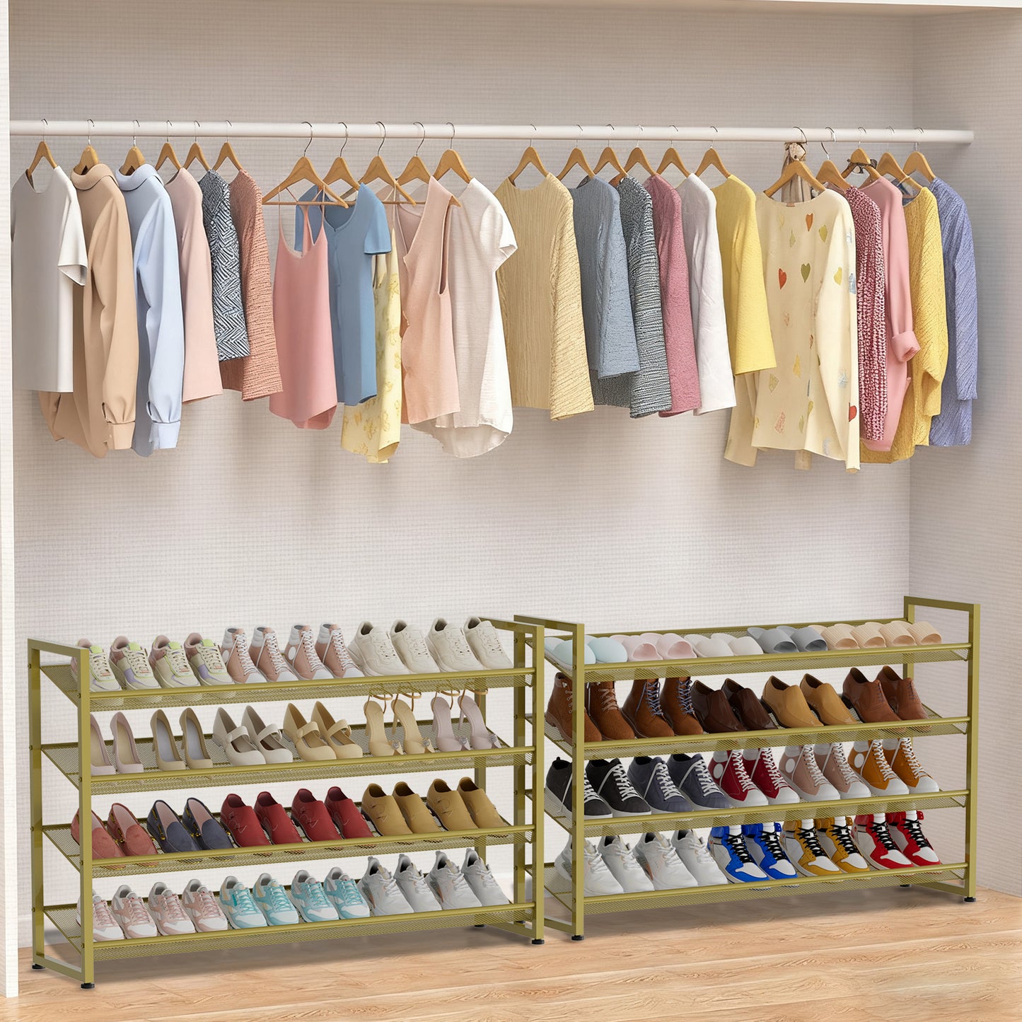 Large Shoe Rack 8 Tier Shoe Organizer, Heavy Duty Metal 4-Tier Stackable Shoe Storage Vertical Shoe Rack for Closet Front Door Entrance, Up to 50 Pairs, 44.8" W x 11.4" D x 56.7" H, Gold