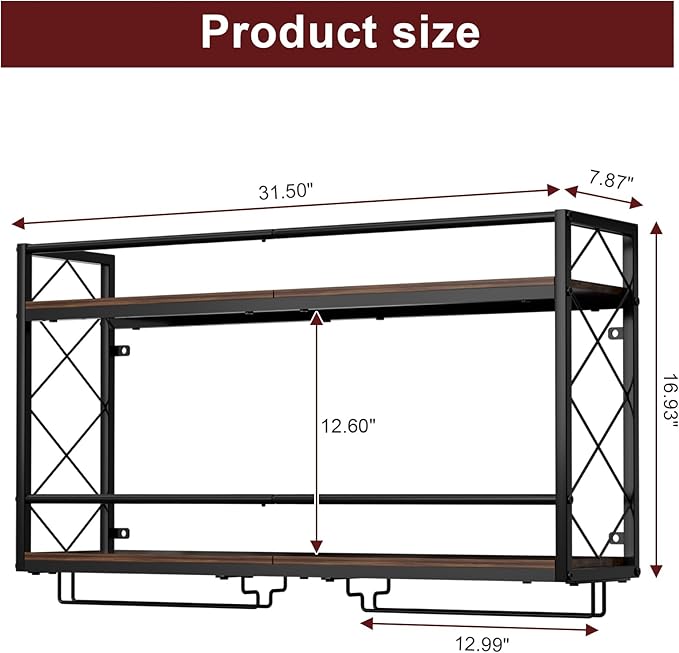 NEYCIL Wine Rack Wall Mounted 2 Tier Wall Wine Rack with Glass Holder, Double Layer Anti-Drop Crossbar, 31.5" Metal Wood Wall Mount Wine Holder for Home Kitchen Dining Room Coffee Shop Bar, Black