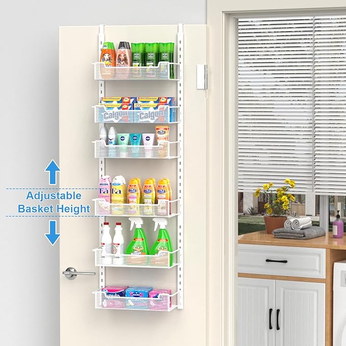 VyGrow 12.3" W Narrow Over the Door Pantry Organizer, 6-Tier Over the Door Organizer with Adjustable Basket, Pantry Door Organization for Pantry Kitchen Storage Room Spice Rack, White