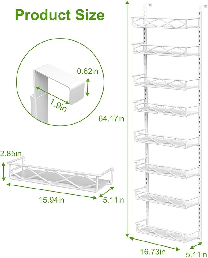 VyGrow Over The Door Pantry Organizer, 8-Tier Wood & Metal Over The Door Organizer with Adjustable Basket, Hanging Spice Rack, Door Organization and Storage for Kitchen Pantry Door Cabinet, White