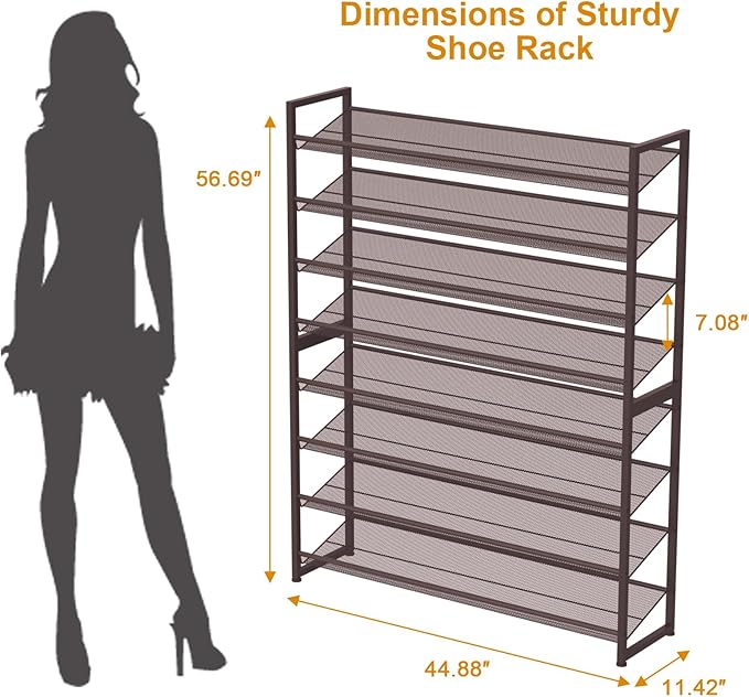 NEYCIL Large Shoe Rack 8 Tier Shoe Organizer, Heavy Duty Metal 4-Tier Stackable Shoe Storage Vertical Shoe Rack for Closet Front Door Entrance, Up to 50 Pairs, 44.8" W x 11.4" D x 56.7" H, Bronze