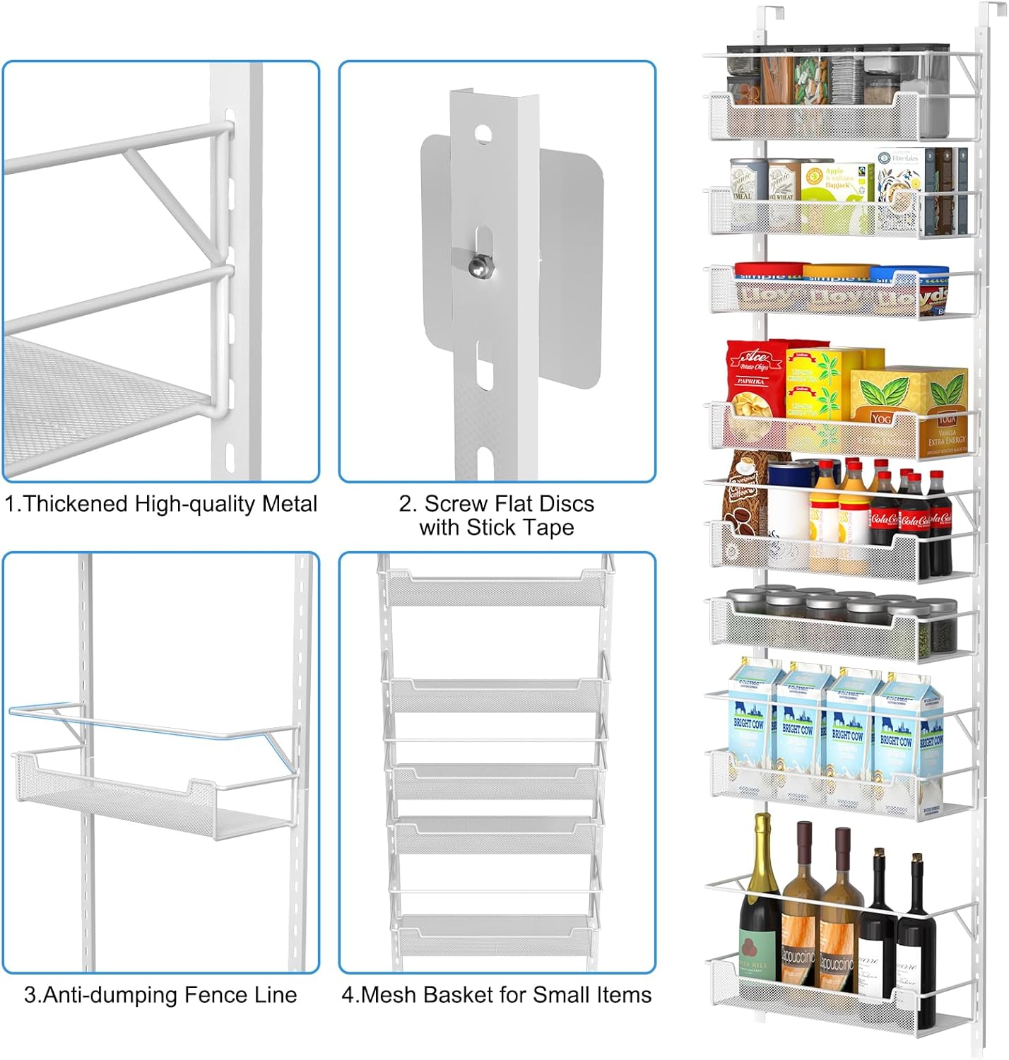 VyGrow Over the Door Pantry Organizer, 6-Tier Over the Door Organizer with Adjustable Basket, Pantry Door Organization for Pantry Kitchen Storage Room Spice Rack, White
