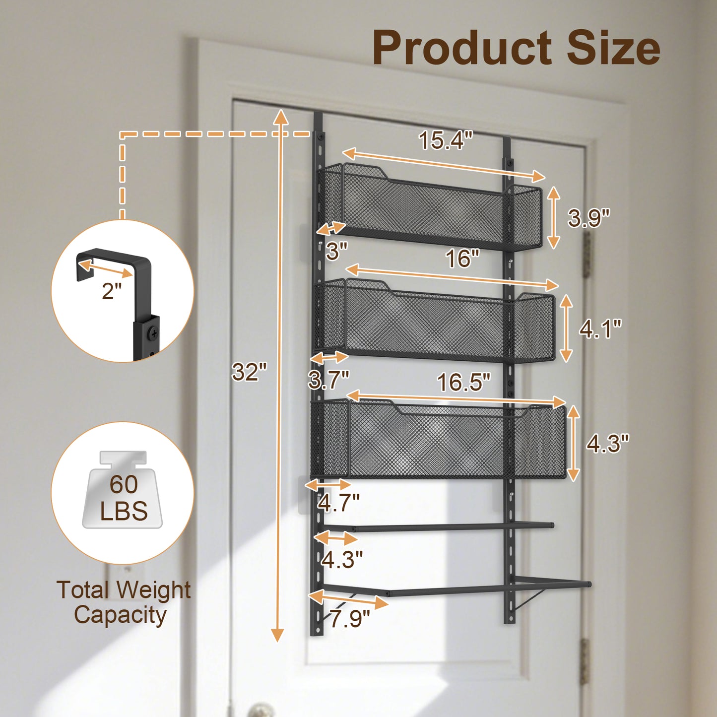VyGrow Over The Door Clothes Hanging Rod with 3 Tier Mesh Baskets, Metal Over The Door Hanger for Coat, Clothes Drying Rack for Door for Laundry Bathroom Bedroom Office, Black