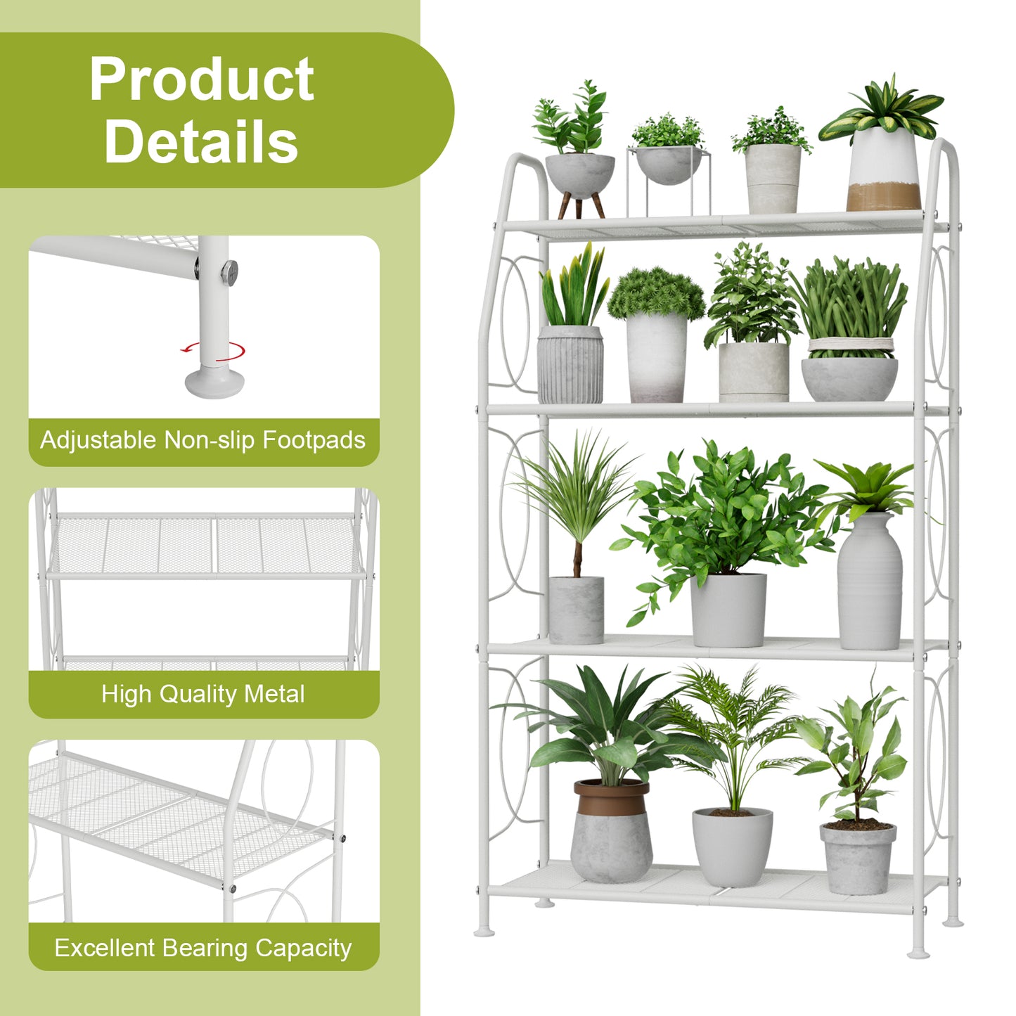VyGrow Plant Stand, 4 Tier Plant Shelf for Indoor Outdoor, Heavy Duty Metal Tall Plant Stands Holder Rack for Living Room Balcony and Garden, White