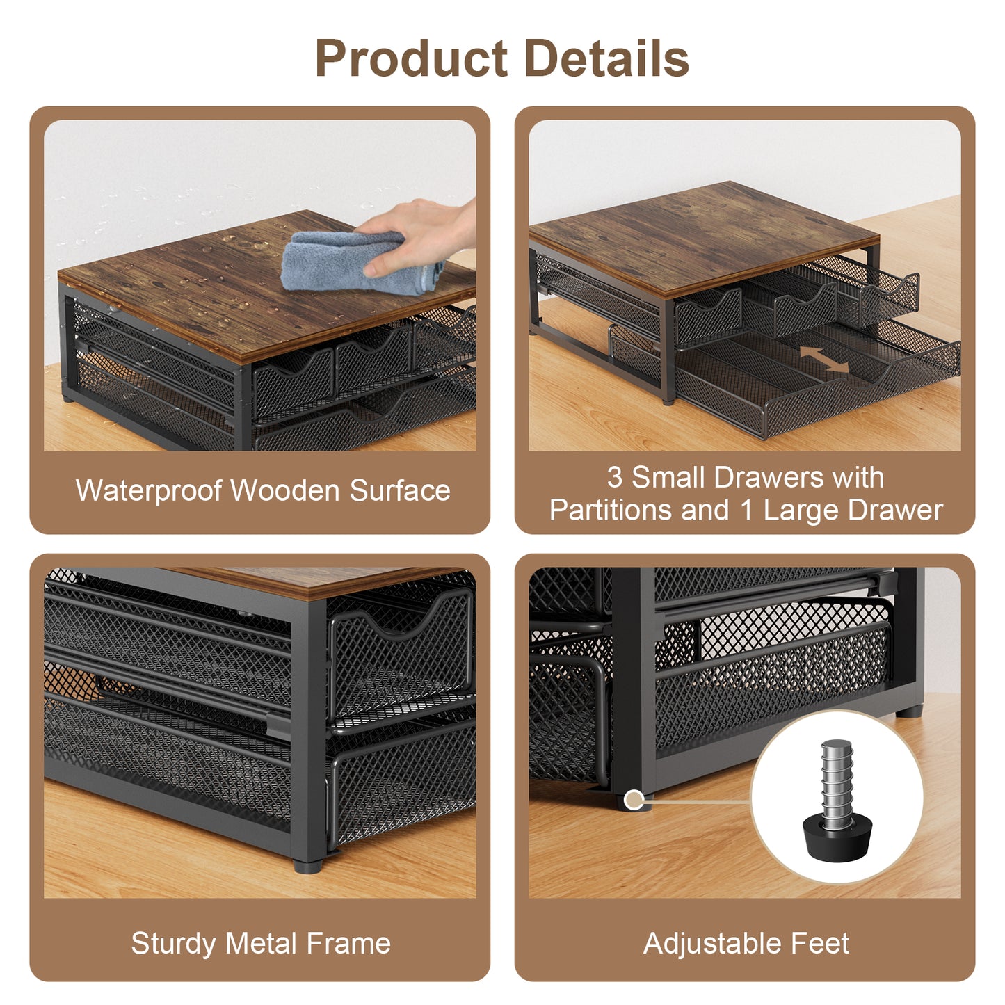 Coffee Pod Holder For Counter, 3 Pull-Out 72 K-Cup Holder Drawer, Wooden Cafe Pods Storage Organizer with Sliding Drawers for Coffee Station, Home, Kitchen, Office, Dorm (Antique Finish)