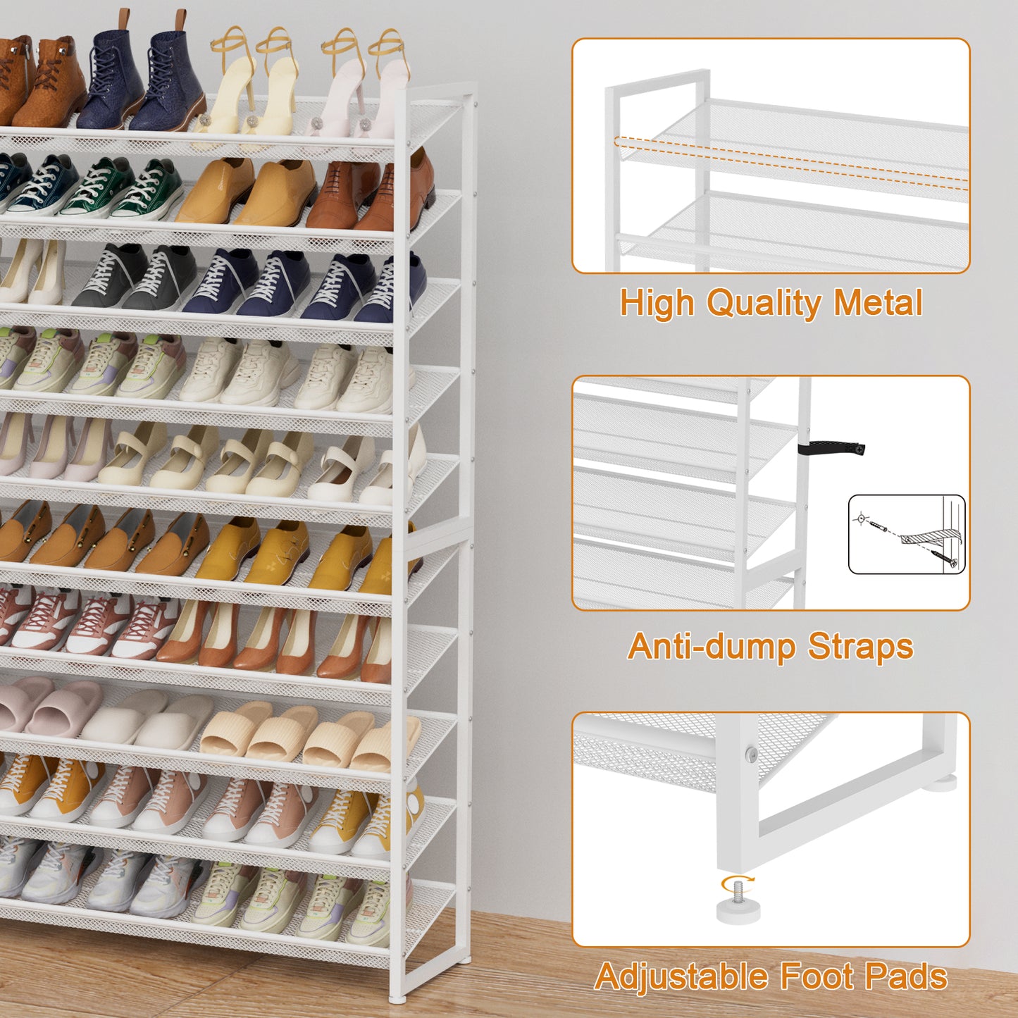 Large Shoe Rack 10 Tier Shoe Organizer, Heavy Duty Metal 5-Tier Stackable Shoe Storage Vertical Shoe Rack for Closet Front Door Entrance, Up to 62 Pairs, 44.8" W x 11.4" D x 71.2" H, White