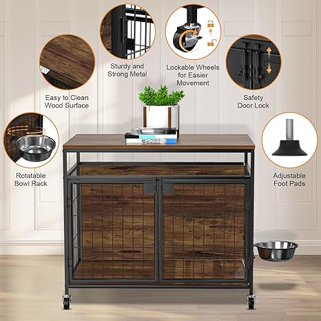 VyGrow Dog Crate Furniture with Wheels, 31" Heavy Duty Wooden Side End Table, Indoor Dog Kennel Furniture for Small/Medium Dog, Double Doors & 360 Degree Rotating Stainless Bowl 31" Lx21.6 Wx27.5 H