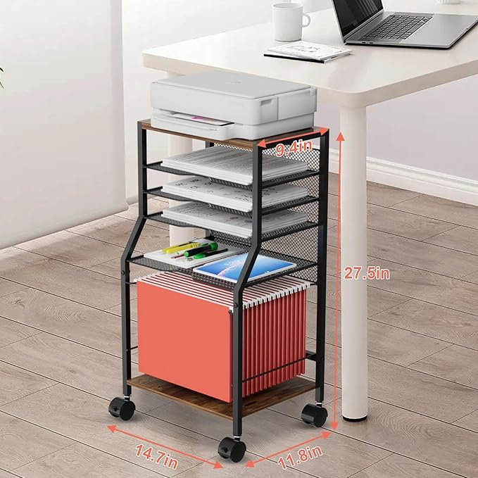 BOHDK Rolling File Cart, 6-Tier Under Desk Organizer on Lockable Wheels, Brown Wood Planks & Mesh File Cart with Hanging File Folders Rack and Paper Trays for Office Home, 14.7" L x 11.8" D x 27.5" H