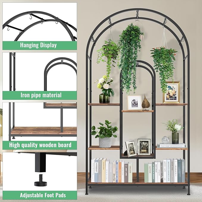 VANVERB Large Book Shelf 5 Tier, 71.65 inches Tall Bookshelf for Home Decor, Multiple Heavy Duty Metal and Wood Plant Shelf Holder, Display Rack for Indoor, Garden, Balcony, Living Room