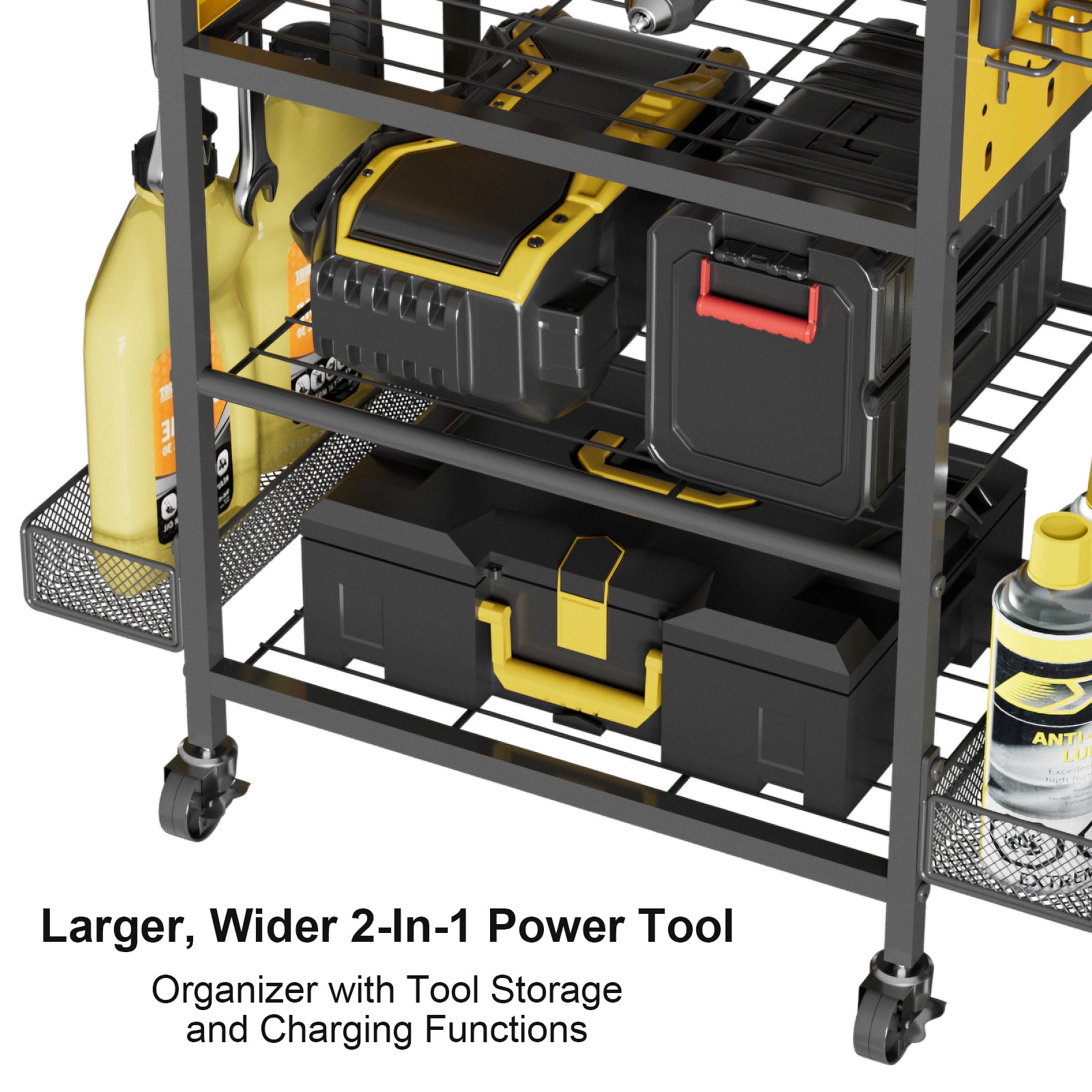 Power Tool Organizer Cart with Charging Station, Heavy Duty Garage Tool Organizer Rolling Tool Battery Storage with 8-Outlet Power Strip, 4 Wheels, 2 Hanging Baskets, Hooks, Drill Bit Holder, Yellow