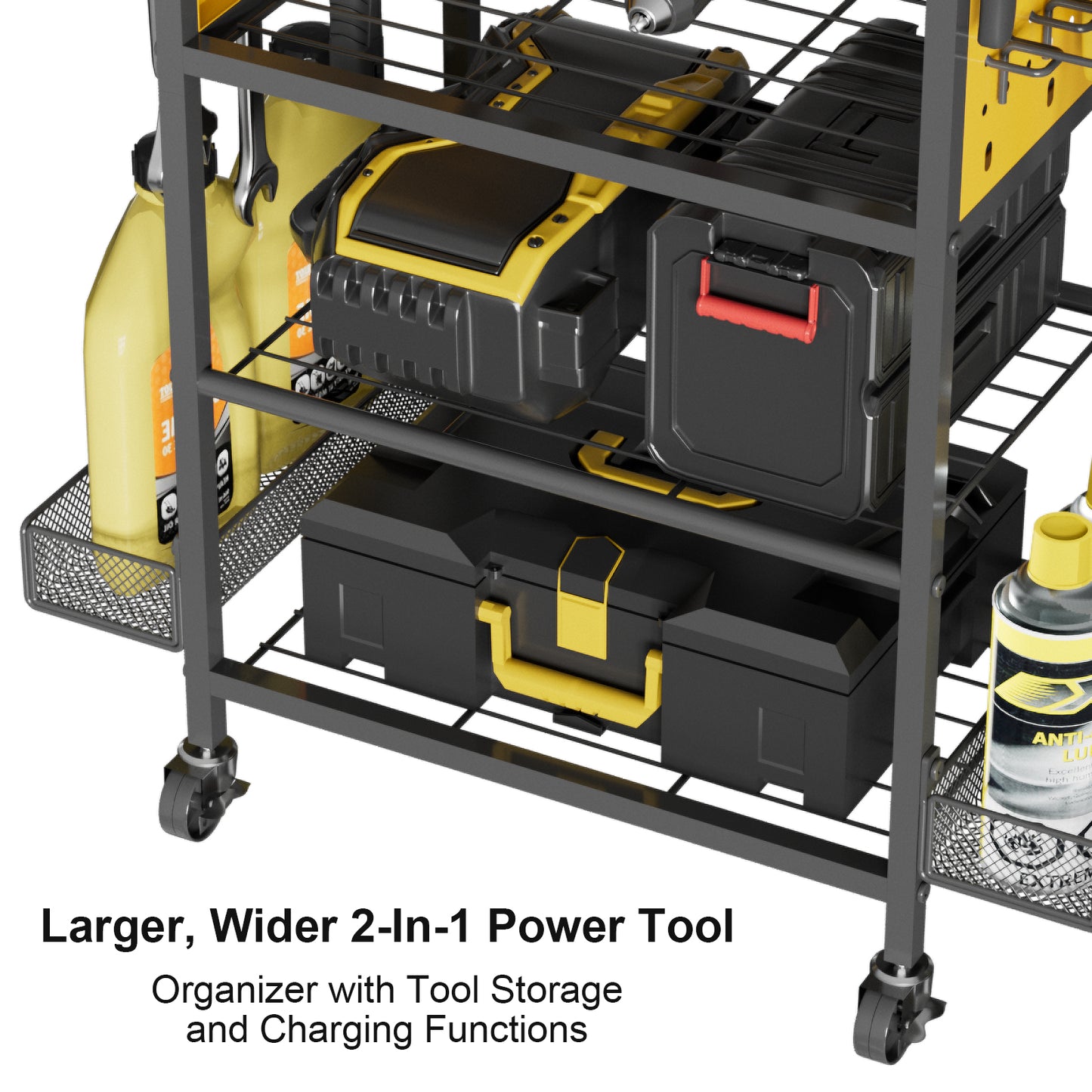 Power Tool Organizer Cart with Charging Station, Heavy Duty Garage Tool Organizer Rolling Tool Battery Storage with 8-Outlet Power Strip, 4 Wheels, 2 Hanging Baskets, Hooks, Drill Bit Holder, Yellow