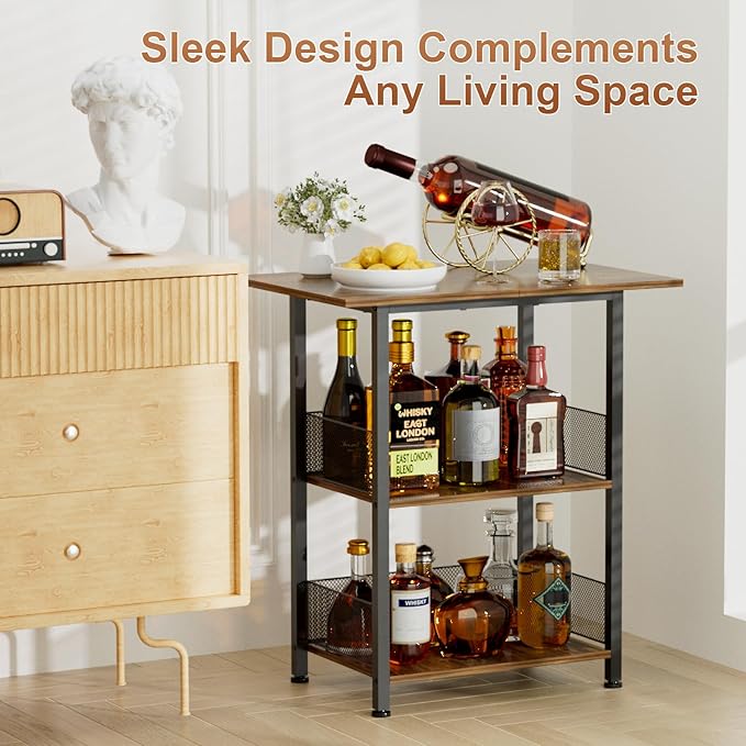 NEYCIL Freestanding Bar for Whiskey, 3-Tier Bar Cabinets Mini Bar Wine Table Whiskey Liquor Bottle Display Stand, Corner Cabinet for Kitchen, Dining Room, Living Room, Black