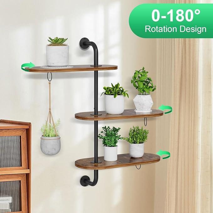 VyGrow Rotating Window Plant Shelves with 3 Anti-slip Mats, 3 Tier Plant Stand Indoor Outdoor, Wooden Window Plant Shelf with 3 Circle Hook, Hanging Plant Holder for Window, Potted Plants, Flowerpots