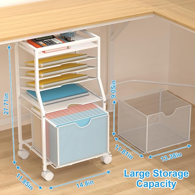 BOHDK Rolling File Cart, 6-Tier Desk File Organizer on Lockable Wheels, White Wood Planks & Mesh Sliding Hanging Folder Drawer, Organization Cart for Office Home School