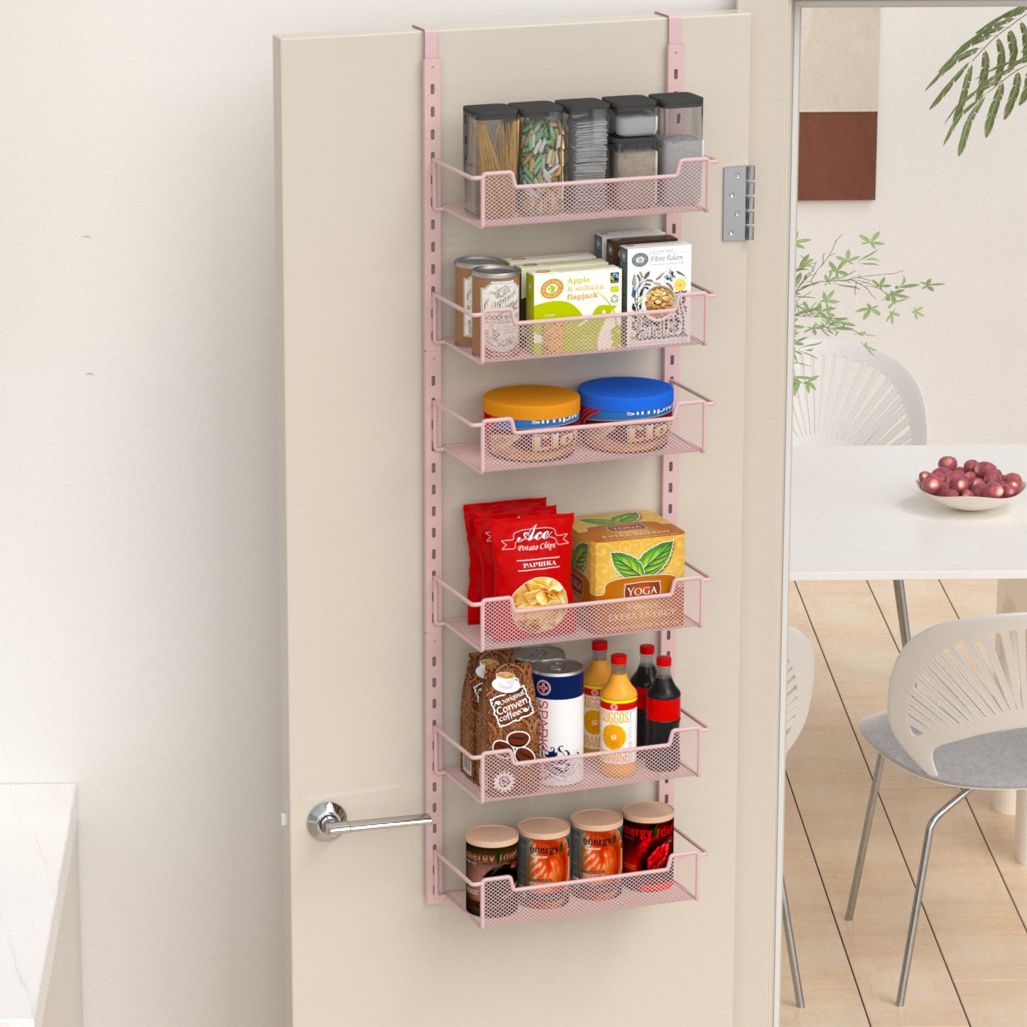 VyGrow 12.3" W Narrow Over the Door Pantry Organizer, 6-Tier Over the Door Organizer with Adjustable Basket, Pantry Door Organization for Pantry Kitchen Storage Room Spice Rack, Pink