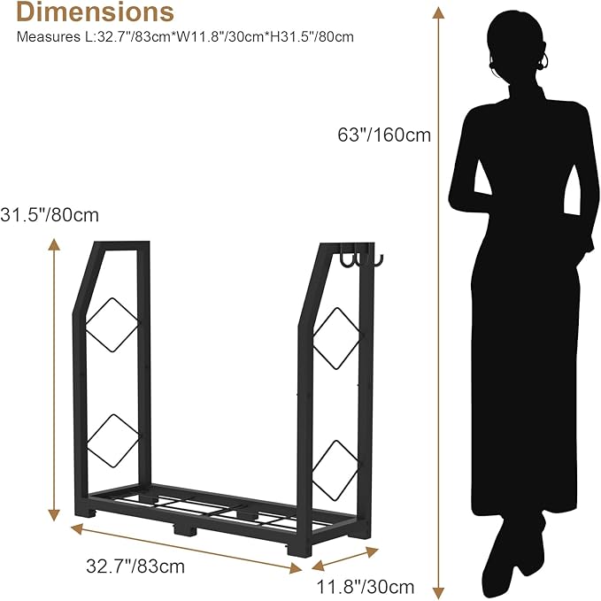 VyGrow Firewood Rack for Outdoor, Firewood Holder with 3 Hanging Hooks, Heavy Duty Wood Rack for Indoor Outdoor Patio, Black