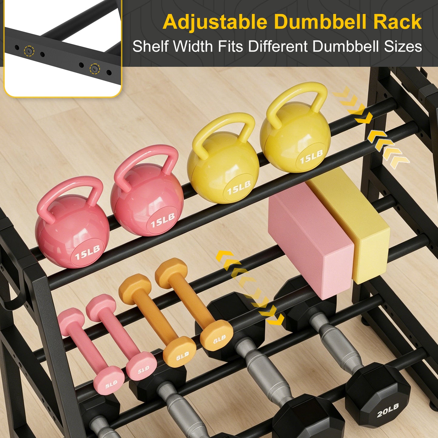 Heavy Duty 3-Tier Dumbbell Rack, 600 LBS Capacity Adjustable Weight Rack for Kettlebells & Dumbbells, One-Piece Solid Steel Home Gym Storage Stand, Space-Saving Corner Organizer with Hooks (32" H x 31.5" L)