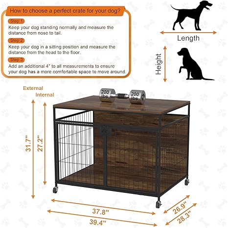 VyGrow Dog Crate Furniture for Large Dogs, Wooden Dog Kennel with Double Doors, Heavy Duty End Table Dog Crate for Dogs Indoor, Rotating Wheels or Foot Pads (39.4" L x 28.3" W x 31.7" H)