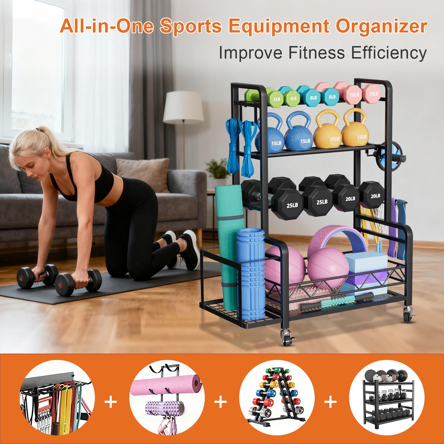 Dumbbell Rack, Adjustable Weight Rack for Home Gym, Metal Weight Stand for Dumbbells, Kettlebells, Yoga Gear, Multipurpose Workout Equipment Storage with 4 Wheels, Basket, Hooks, Black