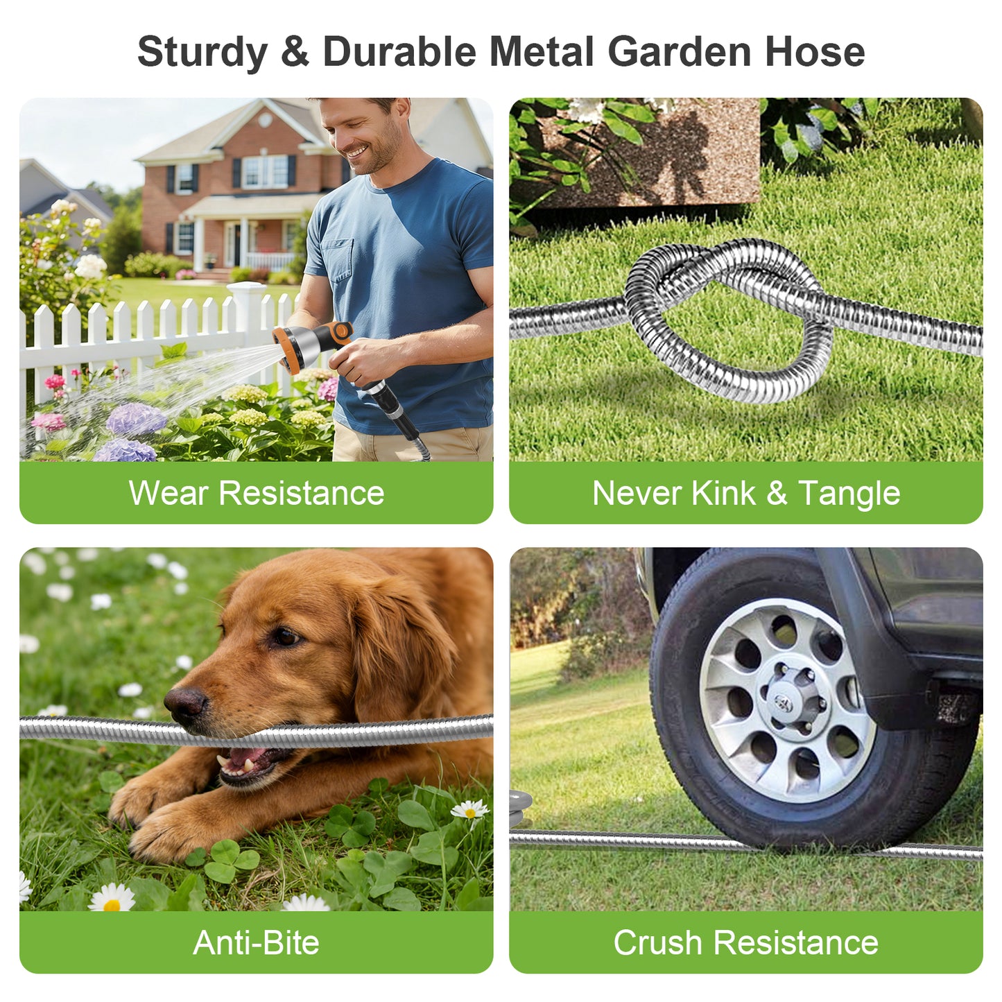 Stainless Steel Garden Hose 100ft, Heavy-Duty Water Hose with 10 Function Nozzle, Puncture Proof, No-Tangle, No-Kink, Garden Hose for Yards, Car Washing & Outdoor Cleaning