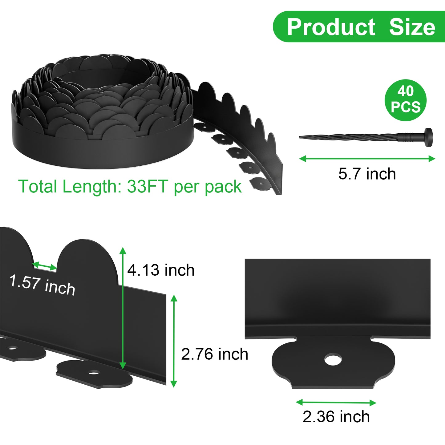 Landscape Edging 33ft, 4in Tall Garden Edging with 40pcs Spikes, Heavy Duty Lawn Edging Kit, Flexible Plastic Landscape Border for Grass, Yard, Flowerbeds, Gravel, Easy Flex No Dig, Black