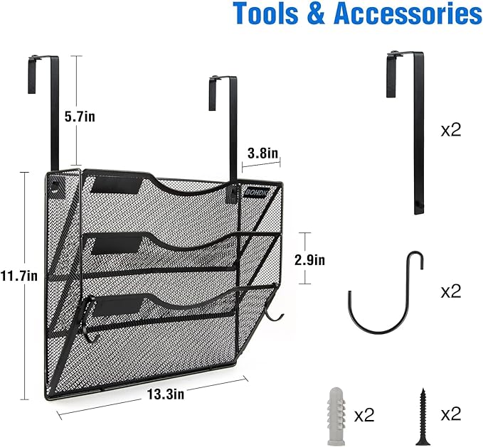 BOHDK Wall File Organizer, 3 Tire Hanging File Folder Mail Organizer, Vertical Mesh Metal Door/Wall Mount Hanging File Holder, Paper Document Magazine Rack with Hooks for Home Office Black