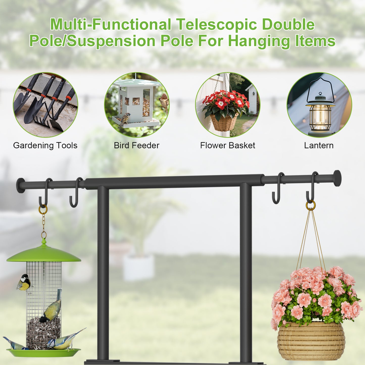 Garden Hose Holder with Telescopic Pole, Upgraded Heavy Duty Hose Stand Holds 150ft with 4 Spikes, Freestanding Metal Hose Storage and Hanger for Outside Yard Lawn Farm, Black
