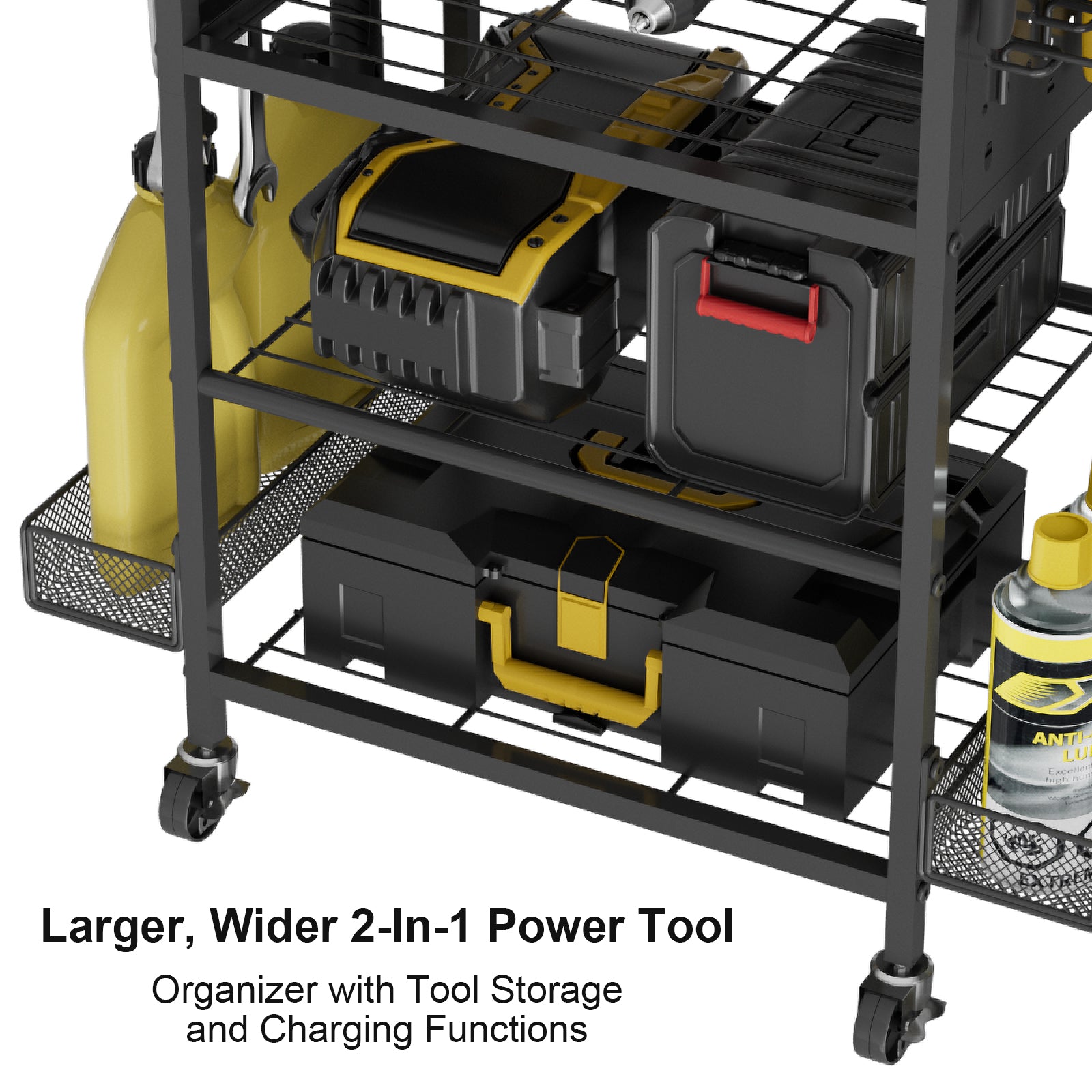 Power Tool Organizer Cart with Charging Station, Heavy Duty Garage Tool Organizer Rolling Tool Battery Storage (Black, 4.9FT Cord)