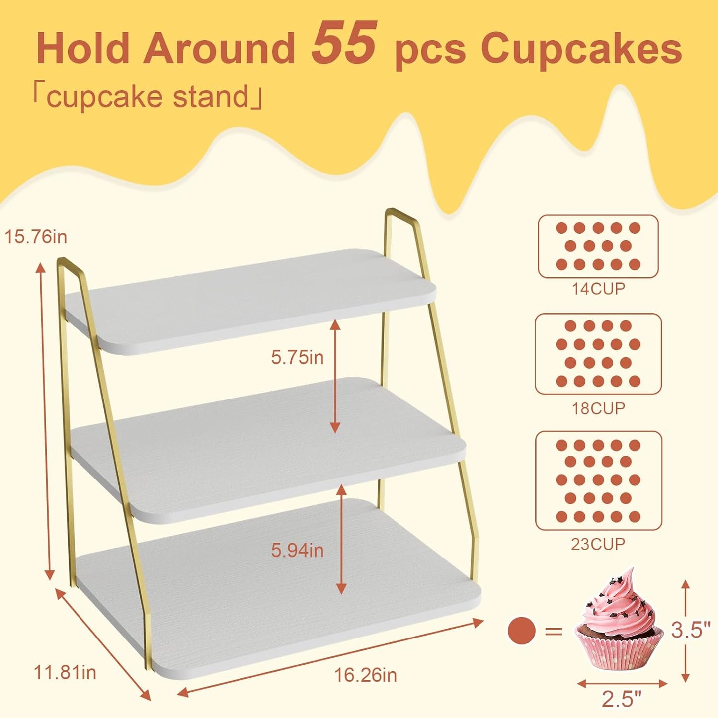 VyGrow Cupcake Stand, 3-Tier Dessert Stand for 55 Cupcakes, Wood & Metal Tower Display Premium Holder Dessert Tree Tower for Christmas Birthday Weddings Party Decor, Serving Tray