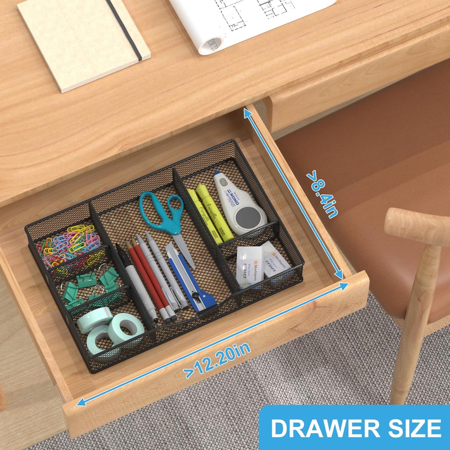 VyGrow Metal Mesh Desk Drawer Organizer Tray 6 Adjustable Compartment 12 x 8.26 x 1.96 inch Black