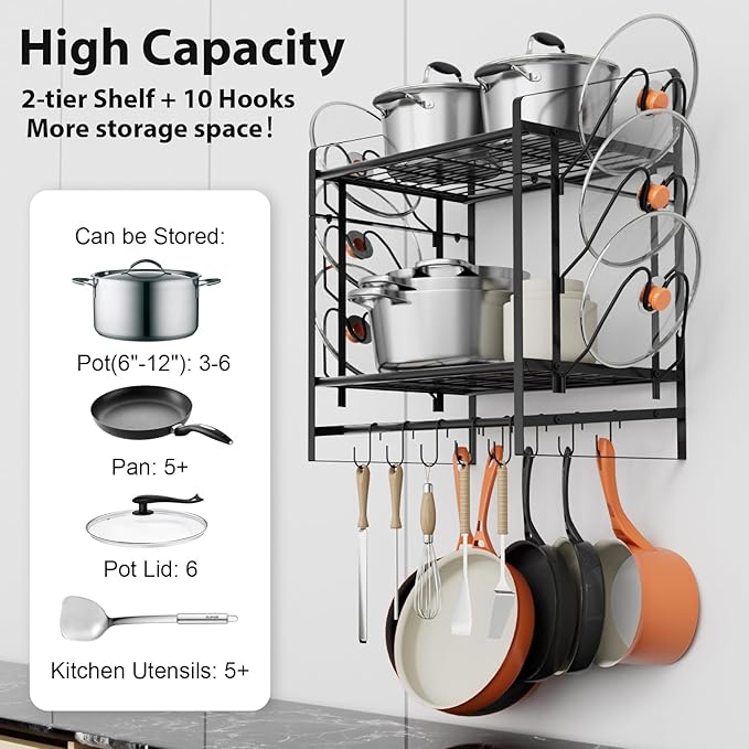 VyGrow 17 Inch Pot Rack Wall Mounted, 2 Tier Pots and Pans Organizer with 10 Hooks and 6 Pot Lid Holders, Heavy Duty Steel Pot and Pan Hanger for Kitchen Cookware Utensils Storage 24