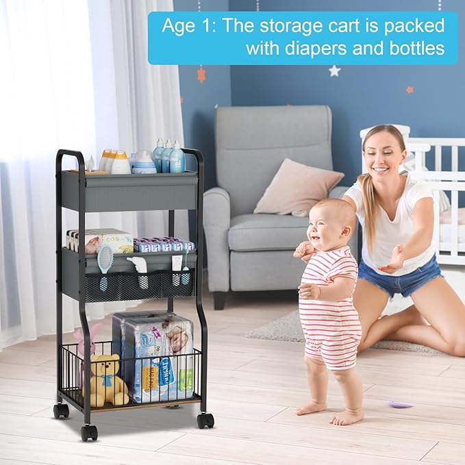 NEYCIL Baby Organizers and Storage, 3-Tier Diaper Caddy Organizer Cart with Lockable Wheels | 4+3 Dividers, Cart for Baby Supplies, Baby Organization for Nursery, Bedroom, Bathroom