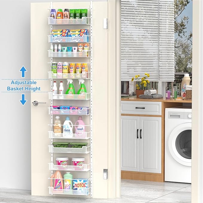 VyGrow Over the Door Pantry Organizer, 10-Tier Over the Door Organizer with Adjustable Basket, Pantry Door Organization for Pantry Kitchen Storage Room Spice Rack, White