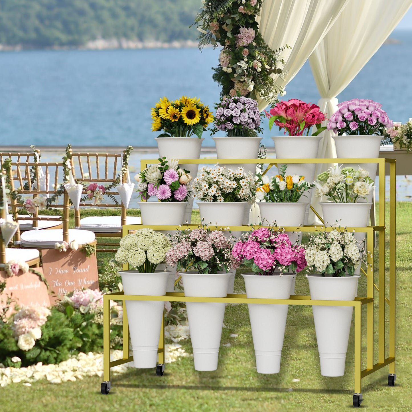 Flower Stand, 3-Tier Flower Display Stand with Buckets for Indoor Outdoor, Flower Cart Display Stand with Wheels for Courtyard, Balcony, Flower Shop, Wedding, Party, Exhibition (Gold)