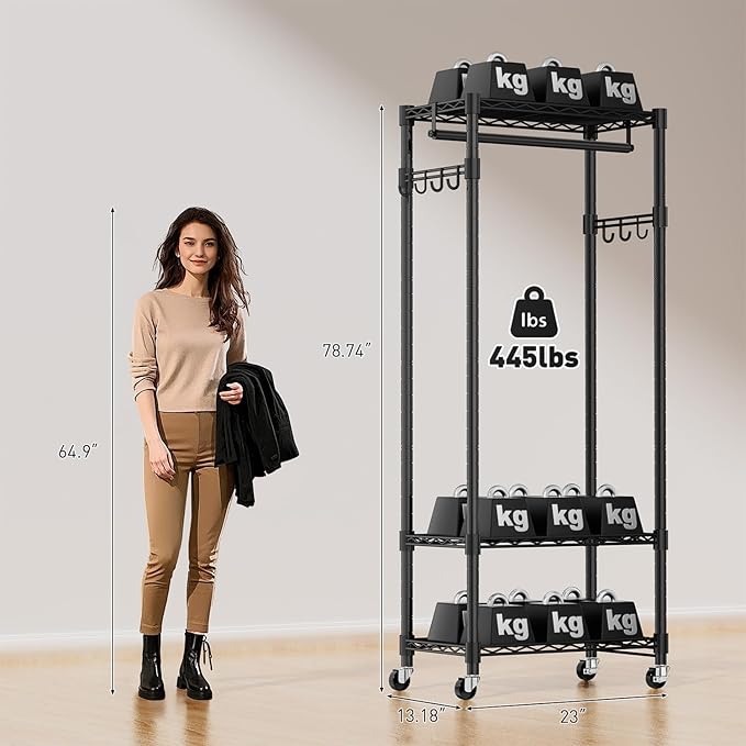 VyGrow Clothes Rack, Clothing Rack for Hanging Clothes, 3 Tiers Adjustable Closet Organizer System with Drawer | Hanging Rod | Side Hooks | Load 445lbs | 23" L x 13.1" W x 78.7" H | Black