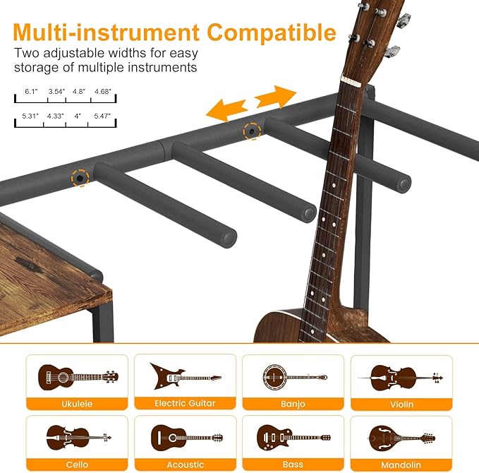 NEYCIL Guitar Stand for 4 Guitars, Adjustable Multiple Guitars Rack with Soft-Padded Protector for Acoustic, Electric, Bass & Ukulele, Guitar Display Stand with 3-tier Shelves for Amp & Vinyl Records
