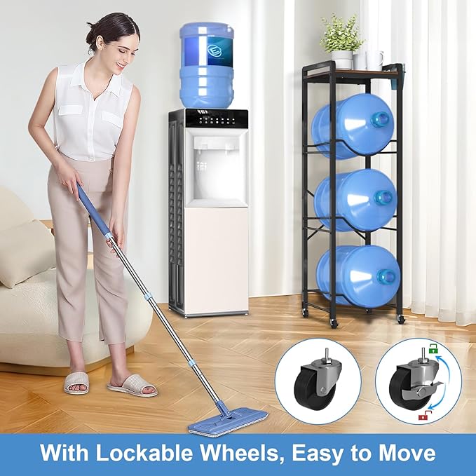 NEYCIL 5 Gallon Water Jug Holder, Heavy Duty Water Jug Stand with Lockable Wheels, 3-Tier Water Jug Rack With Wooden Tabletop for Home, Office, Kitchen, Restaurant