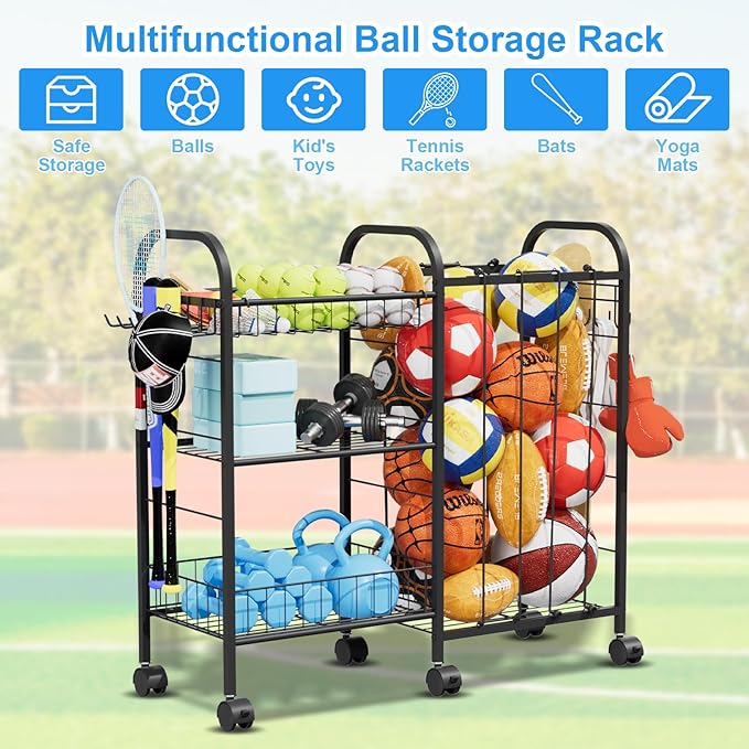 NEYCIL Ball Storage Rack, Sports Ball Storage Cart with 6 Wheels, Elastic Strap, Removable Basket, Hooks, Sports Equipment Organizer For Garage, Children's Room, Court, School, Small Gym, Outdoor