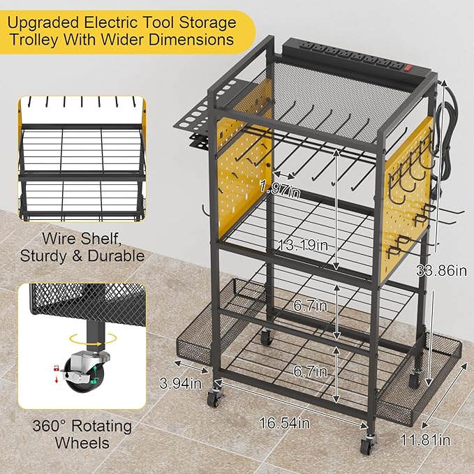 NEYCIL Power Tool Organizer Cart with Charging Station, Heavy Duty Garage Tool Organizer Rolling Tool Battery Storage with 8-Outlet Power Strip, 4 Wheels, 2 Hanging Baskets, 8 Hooks, Drill Bit Holder, Yellow