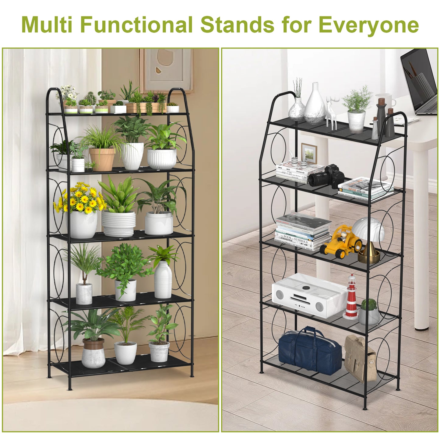 VyGrow 5 Tier Plant Stand Indoor Outdoor, Heavy Duty Plant Shelf, Metal Mesh Tall Plant Stands Holder Rack for Living Room Balcony and Garden, Black