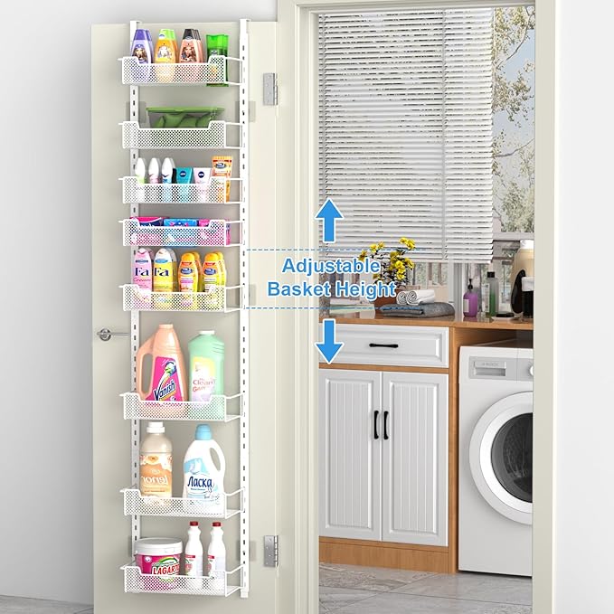 VyGrow 12.3" W Narrow Over the Door Pantry Organizer, 8-Tier Over the Door Organizer with Adjustable Basket, Pantry Door Organization for Pantry Kitchen Storage Room Spice Rack, White