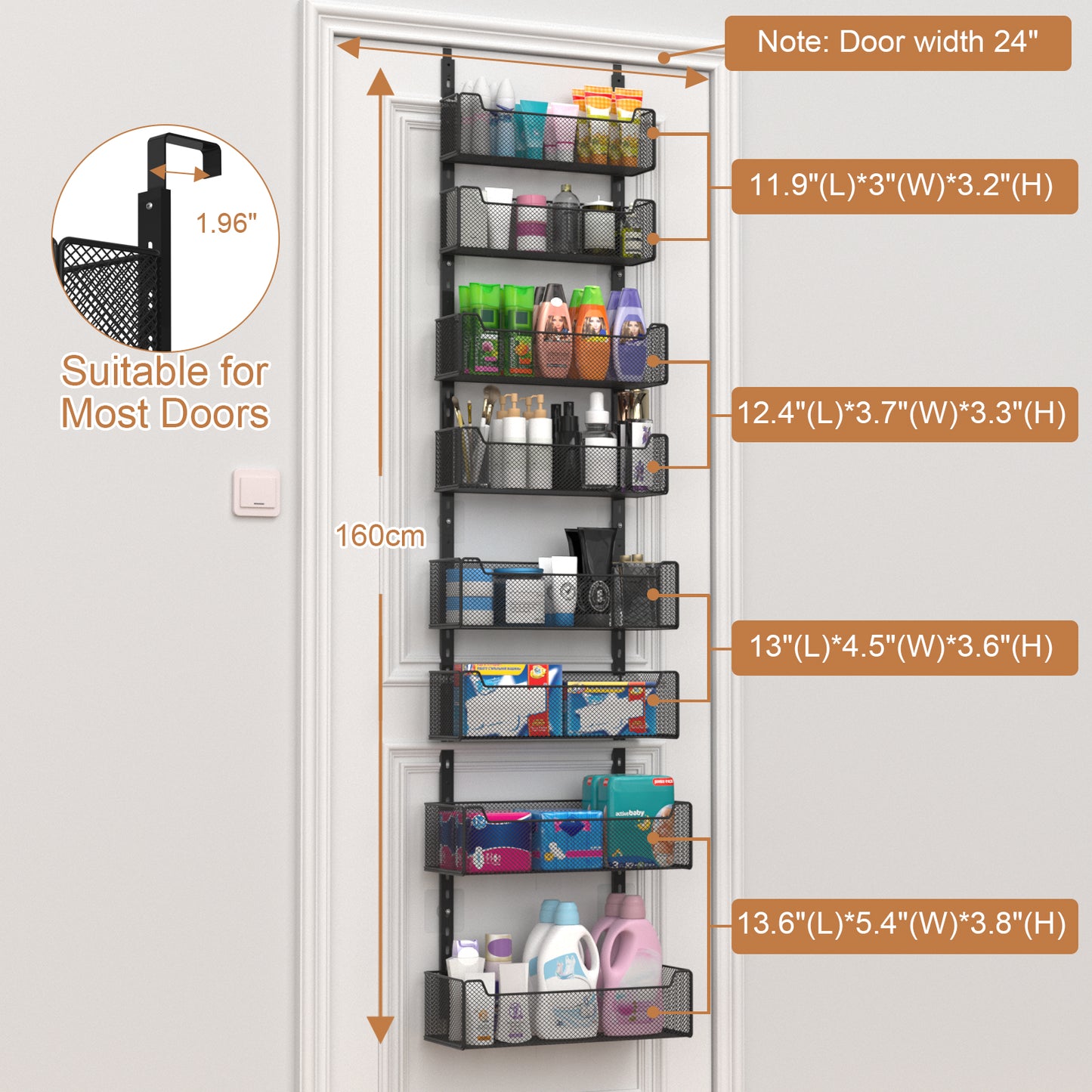 VyGrow Over The Door Organizer, 8-tier Metal Door Organizer Hanging with Adjustable Baskets, Behind The Door Storage for Bedroom Closet Bathroom Pantry Cabinet Kitchen, Black