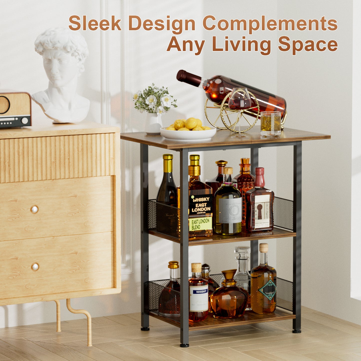NEYCIL Freestanding Bar for Whiskey, 3-Tier Bar Cabinets Mini Bar Wine Table Whiskey Liquor Bottle Display Stand, Corner Cabinet for Kitchen, Dining Room, Living Room, Black