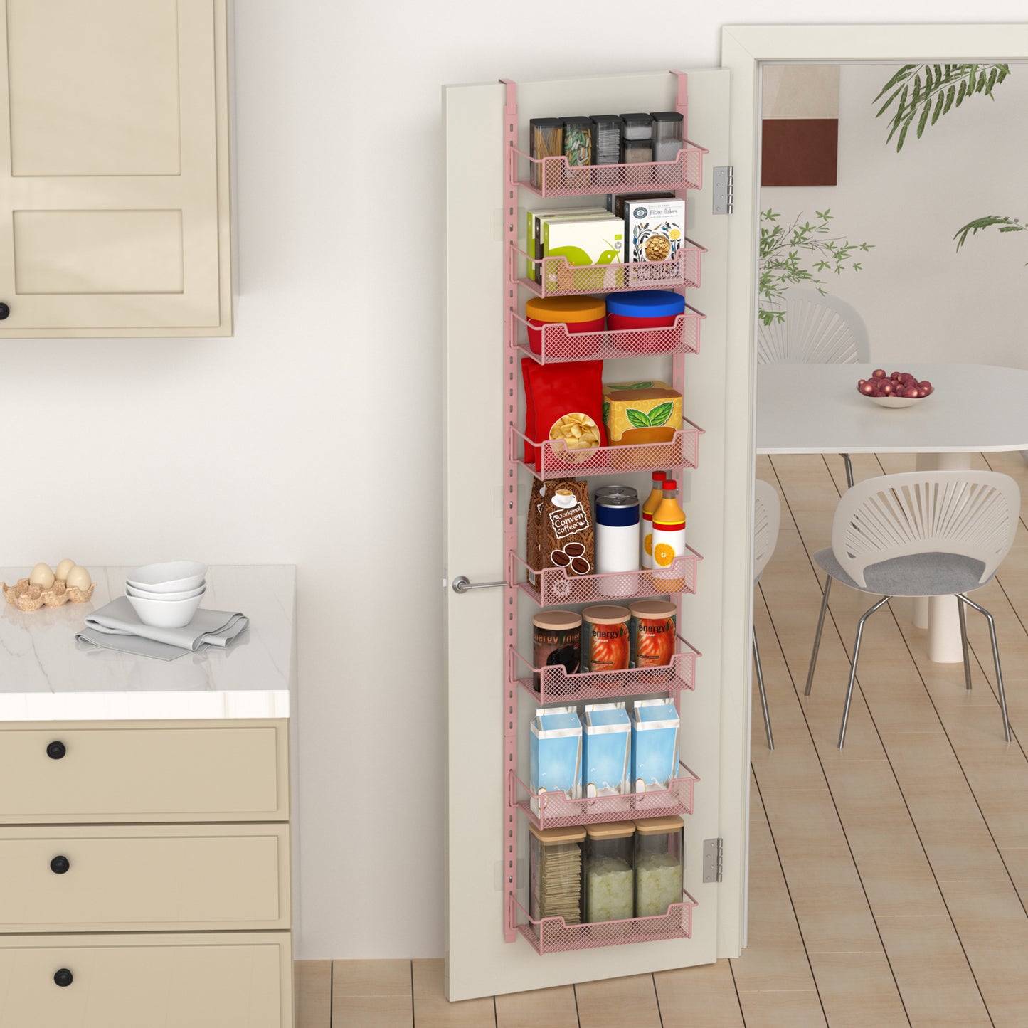 VyGrow 12.3" W Narrow Over the Door Pantry Organizer, 8-Tier Over the Door Organizer with Adjustable Basket, Pantry Door Organization for Pantry Kitchen Storage Room Spice Rack, Pink