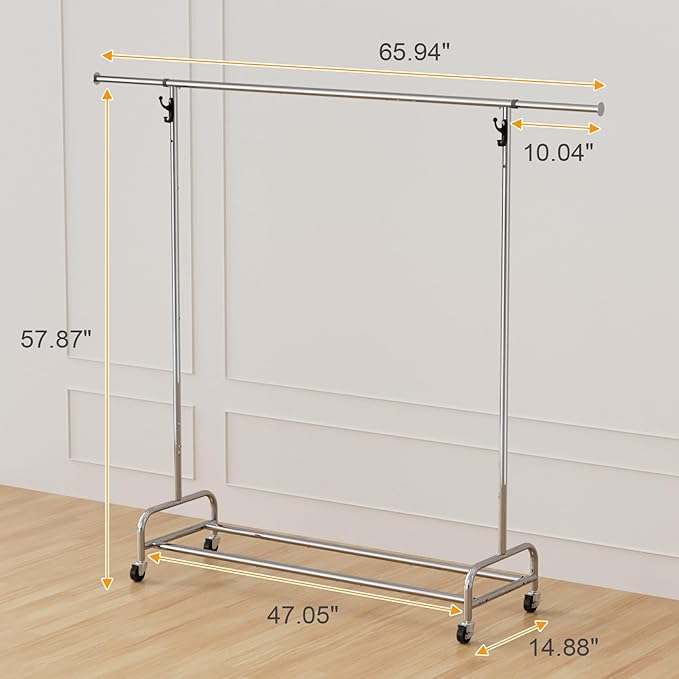 NEYCIL Standard Clothing Garment Rack with Wheels, 47.05" to 65.94" Adjustable Chrome Clothes Rack for Hanging Clothes, Portable Rolling Clothing Rack with Lockable Casters for Bedroom, Laundry Room