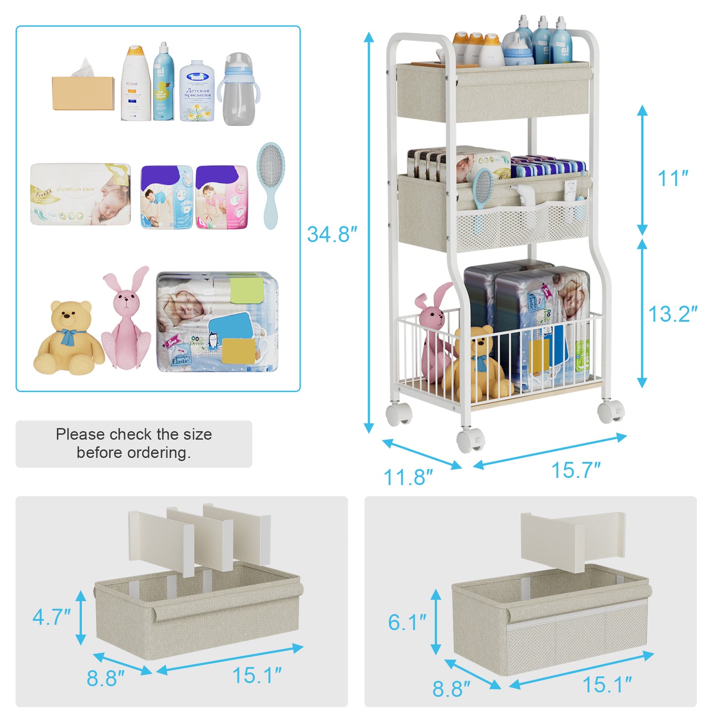 3-tier Baby Diaper Caddy Organizer and Storage Cart with 4+3 Dividers, Metal Utility Cart with Lockable Wheels for Nursery, Bedroom, Bathroom, White