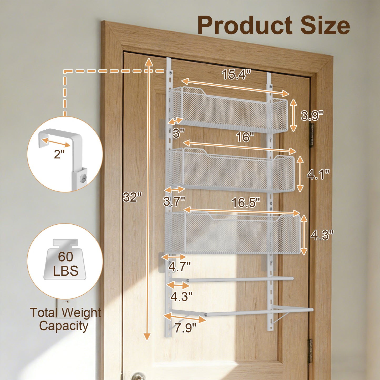 VyGrow Over The Door Clothes Hanging Rod with 3 Tier Mesh Baskets, Metal Over The Door Hanger for Coat, Clothes Drying Rack for Door for Laundry Bathroom Bedroom Office, White
